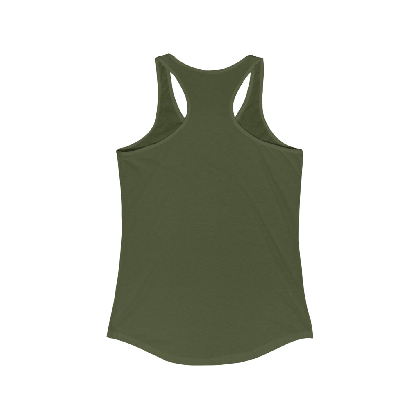 Olive green racerback tank top, classic fit and scooped neckline, for the Cause She is Watching Fitness Tank.