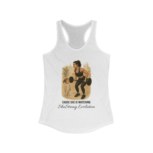 Cause She is Watching Fitness Tank featuring a mother lifting weights with her child watching.