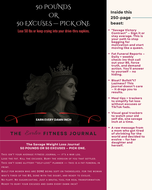 PRE-ORDER: Evolve Fitness Journal bold cover with motivational text “50 Pounds or 50 Excuses — Pick One”